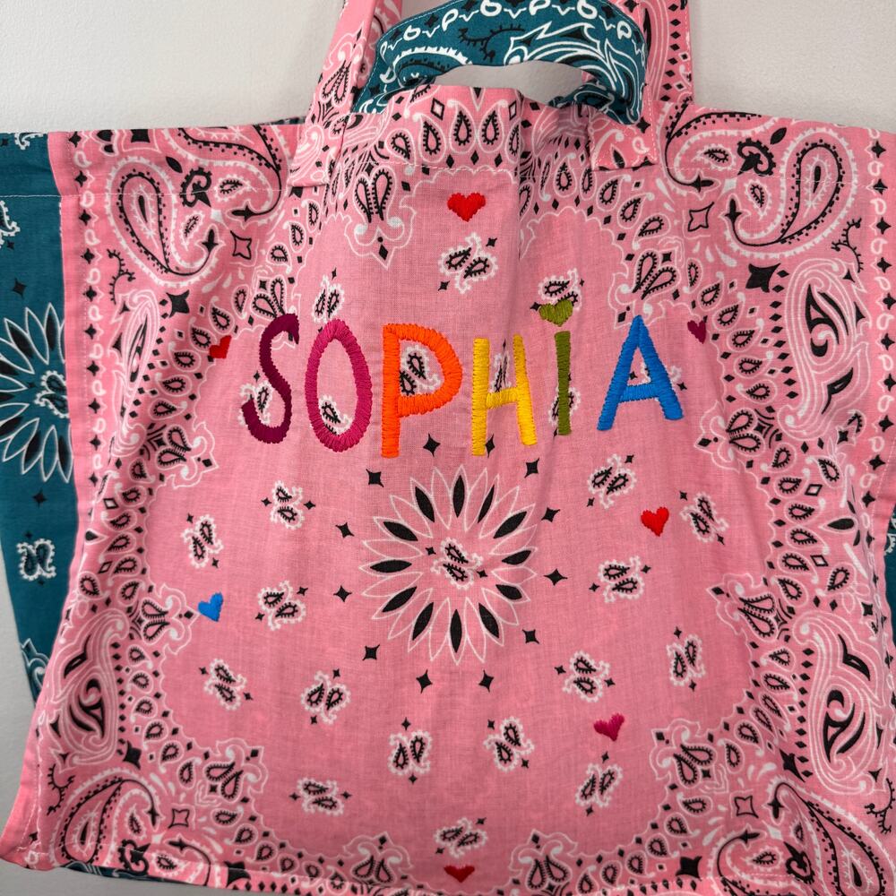 CALL IT BY YOUR NAME Maxi Blue Pink Tote Large Hand-Embroidered Top Handle Bag - Picture 8 of 10